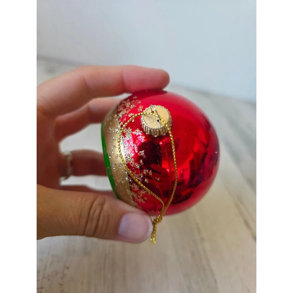 Vintage Kurt Adler red indent ball gold glitter ornament glass Xmas tree